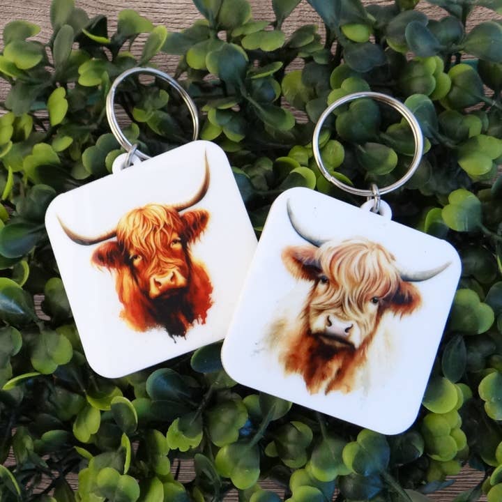 Portachiavi Mucca Highland, magnete mucca, fattoria agricola casalinga per la vendita all'ingrosso da parte di Happyink.co