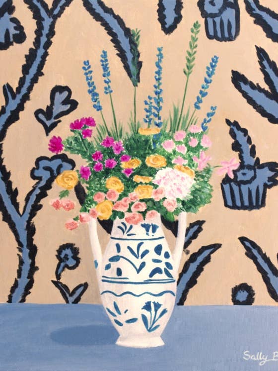 Vase Chinoiserie art print avec bouquet de fleurs fauvisme pour la vente par Sally B