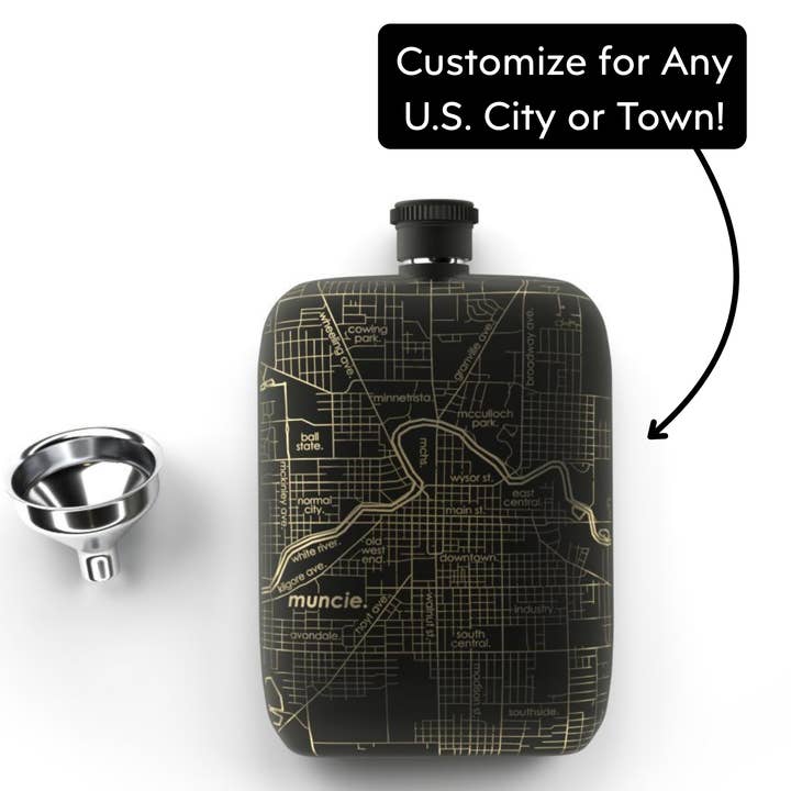 CUSTOM ETCHED - U.S. City / Town Map - Pocket Flask - 6 oz for wholesale by Well Told