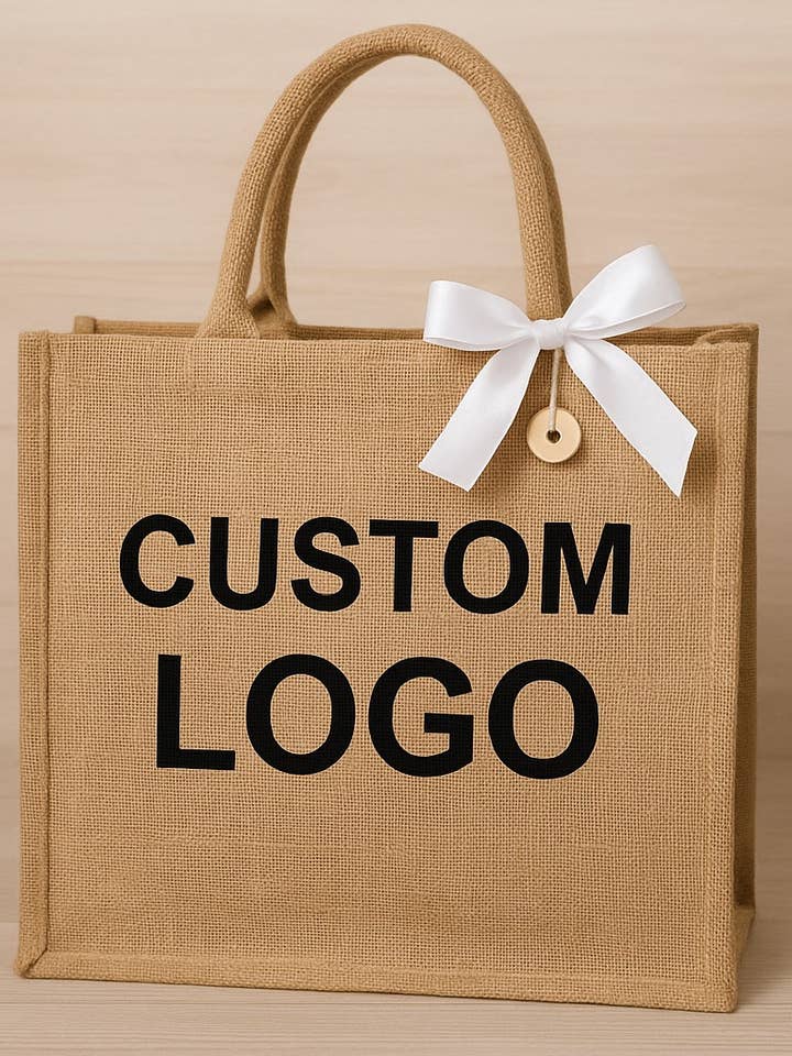 Wholesale Eco Gift Bag – Custom Logo Jute Tote Bag with Bow for wholesale by Sisters G Kids