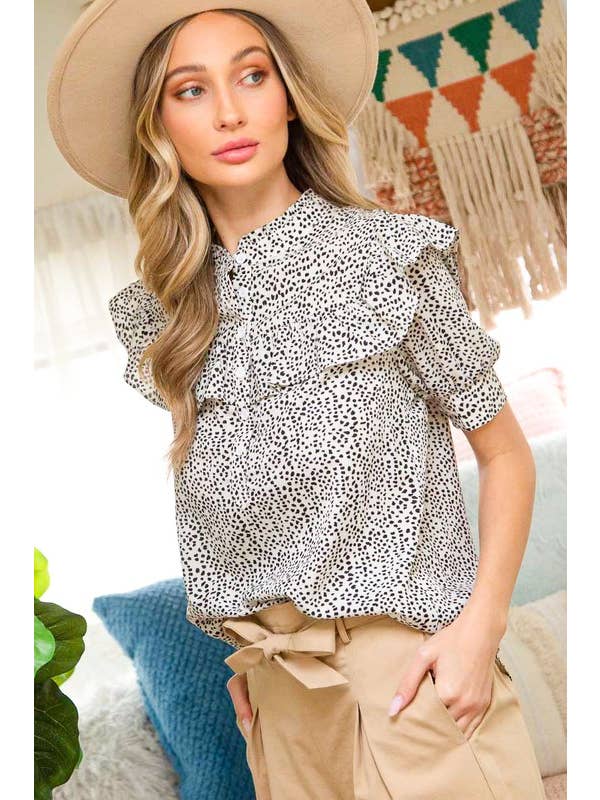 Vine & Love - Wholesale Blouse - Women's - Ruffled Neck Short Puff Blouse Top VT702792