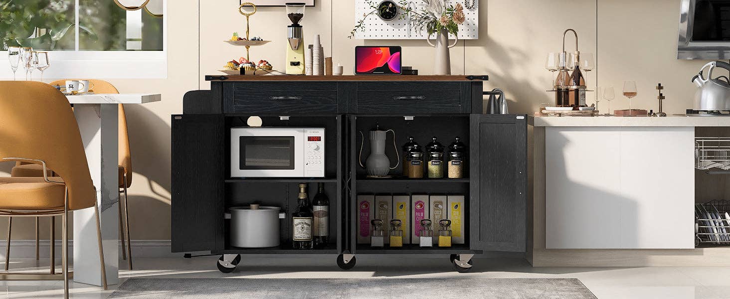 Orange County Decor - Wholesale Kitchen Storage/Organizer - K&K 53.5''Farmhouse Kitchen Island With Power Outlet, Kitchen Storage Island With Drop Leaf, Spice Rack And Drawer, Rolling Kitchen Cart On Wheels, For Home, Kitchen And Dining Room, Black Black8