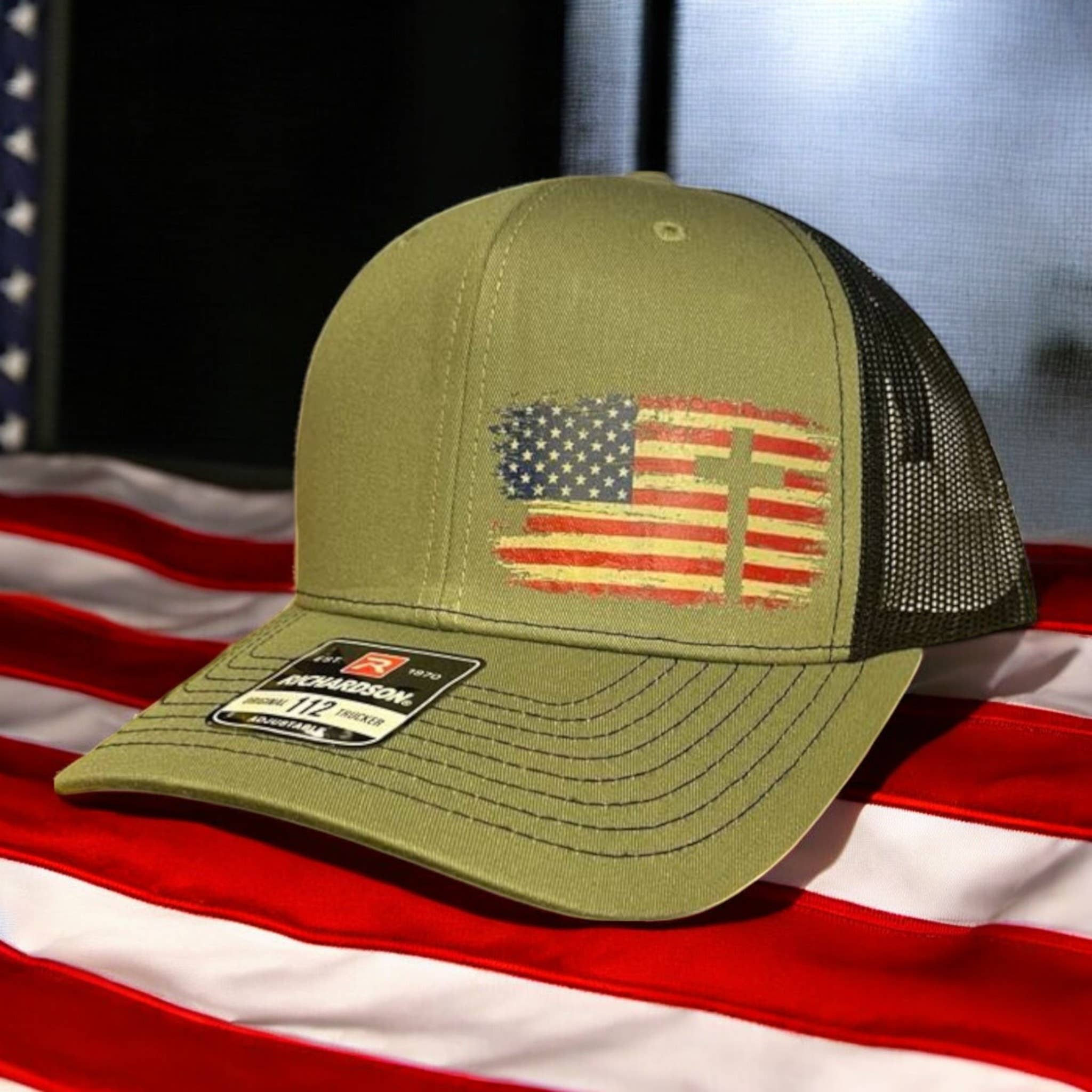 Handmadeohio - Wholesale Trucker Hat - Men's - Richardson 112 Snapback Hat, Olive Drab American flag Cross1