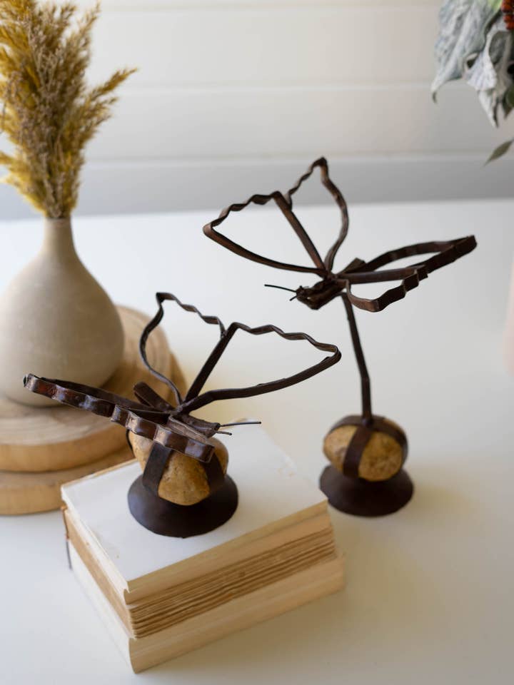 SET OF TWO SISTER CLARA BUTTERFLIES ON CAGED ROCK BASE for wholesale by Kalalou