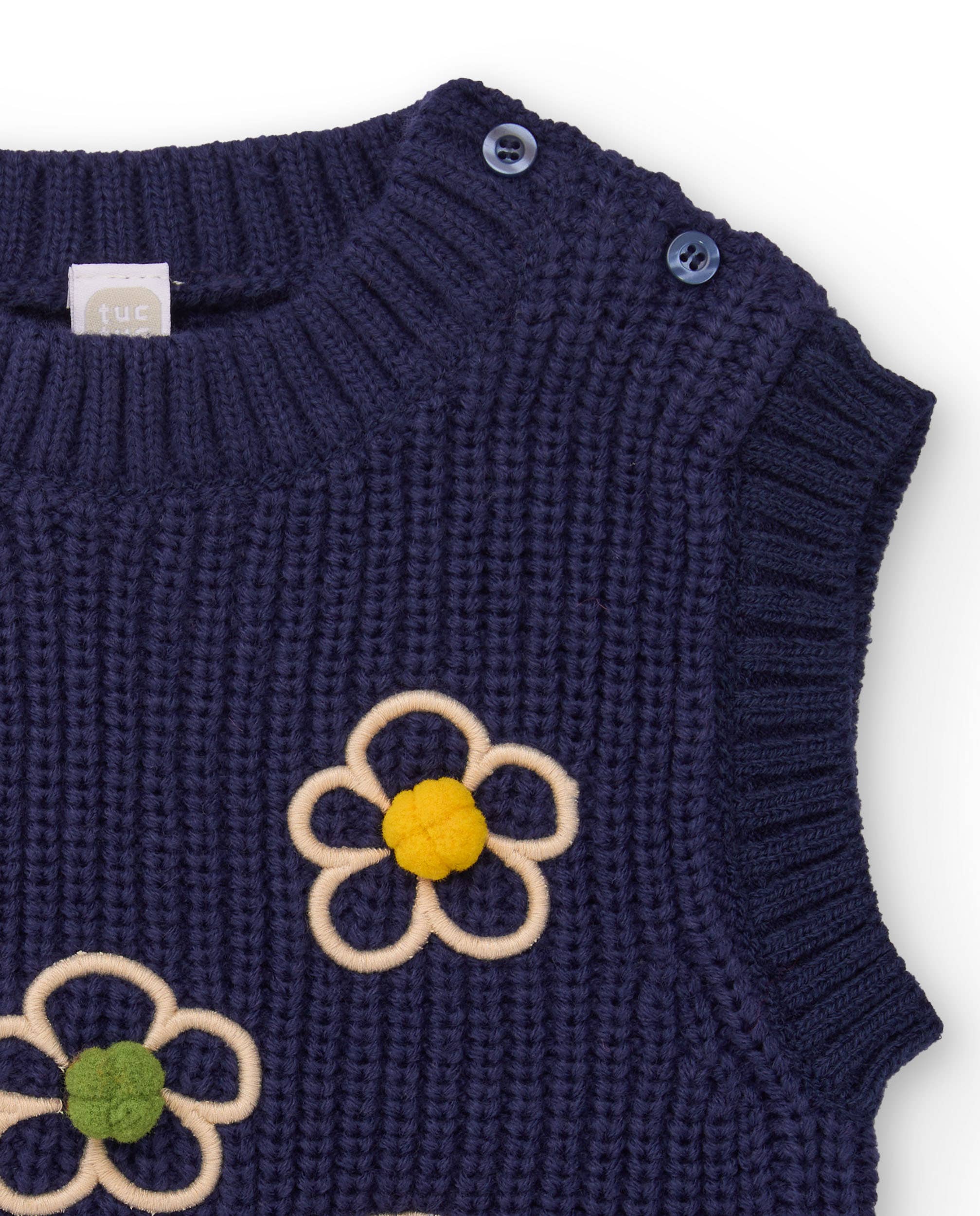 tuc tuc - Wholesale Waistcoat - Kids - Blue knitted vest for girl with floral embroidery2