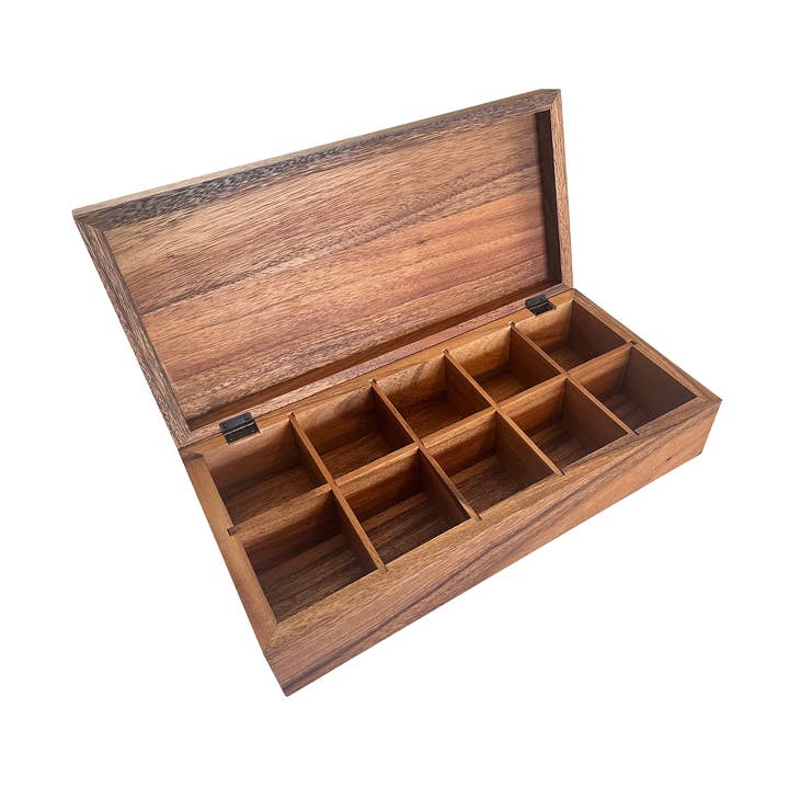 Ironwood Wooden Tea Box, Acacia,10 Cell, 15.75” x 7.75” x 4" for wholesale by Fox Run Brands