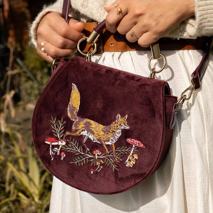 Fable England - Vente Sac à main avec poignée sur le dessus – femme - Sac à main en velours brodé FABLE Fox & Mushroom