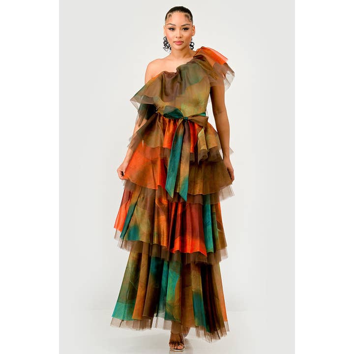 One Shoulder Ruffle Top And Maxi Ruffle Skirt Set for wholesale by DORCAS