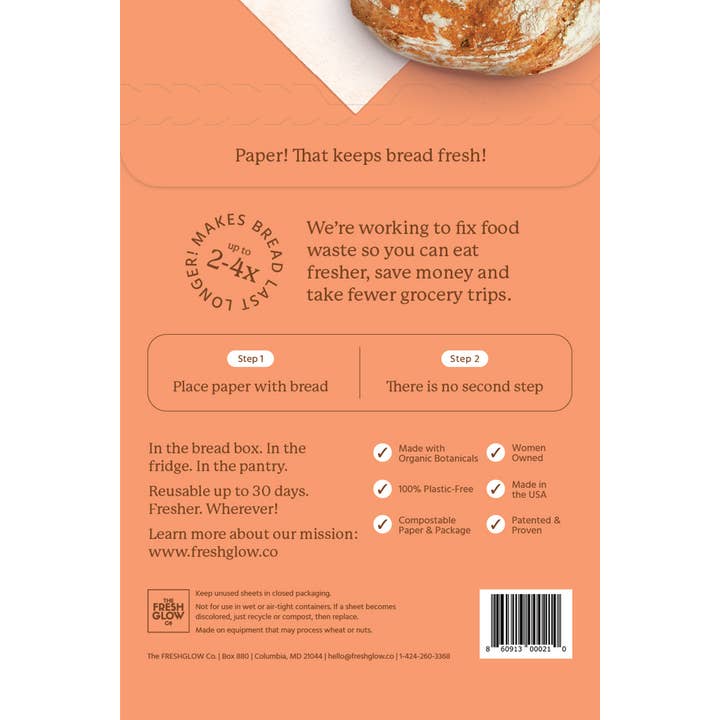 The Freshglow Co. - Wholesale Food Storage Wrap/Bag - FRESHPAPER Food-Saver Sheets for Bread