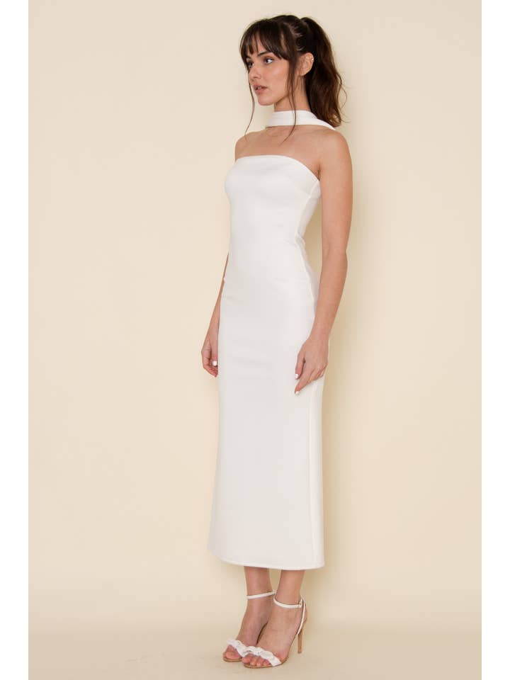 White ELEGANT BRIDAL HALTER NECK OPEN BACK MIDI DRESS-DD9945FO for wholesale on Faire