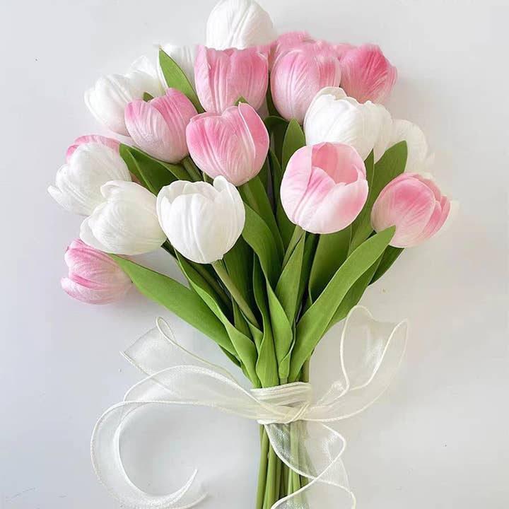 Faux PU Real Touch Tulip Bunch, Blooming Tulips, 7 stems for wholesale by Sweet Home Deco
