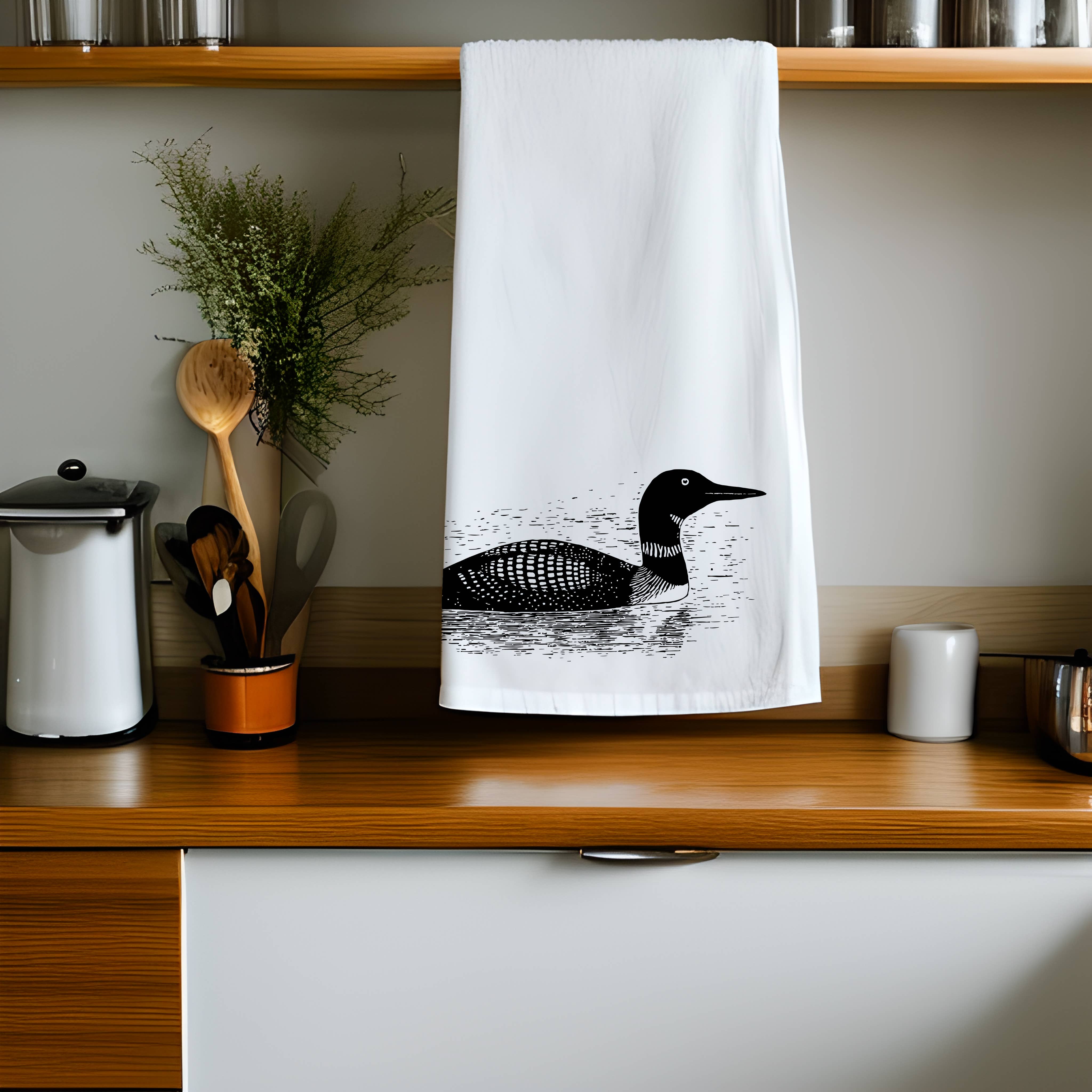 Our Wild Puget Sound - Vente Torchons - Torchon de cuisine 100 % coton imprimé Common Loon1