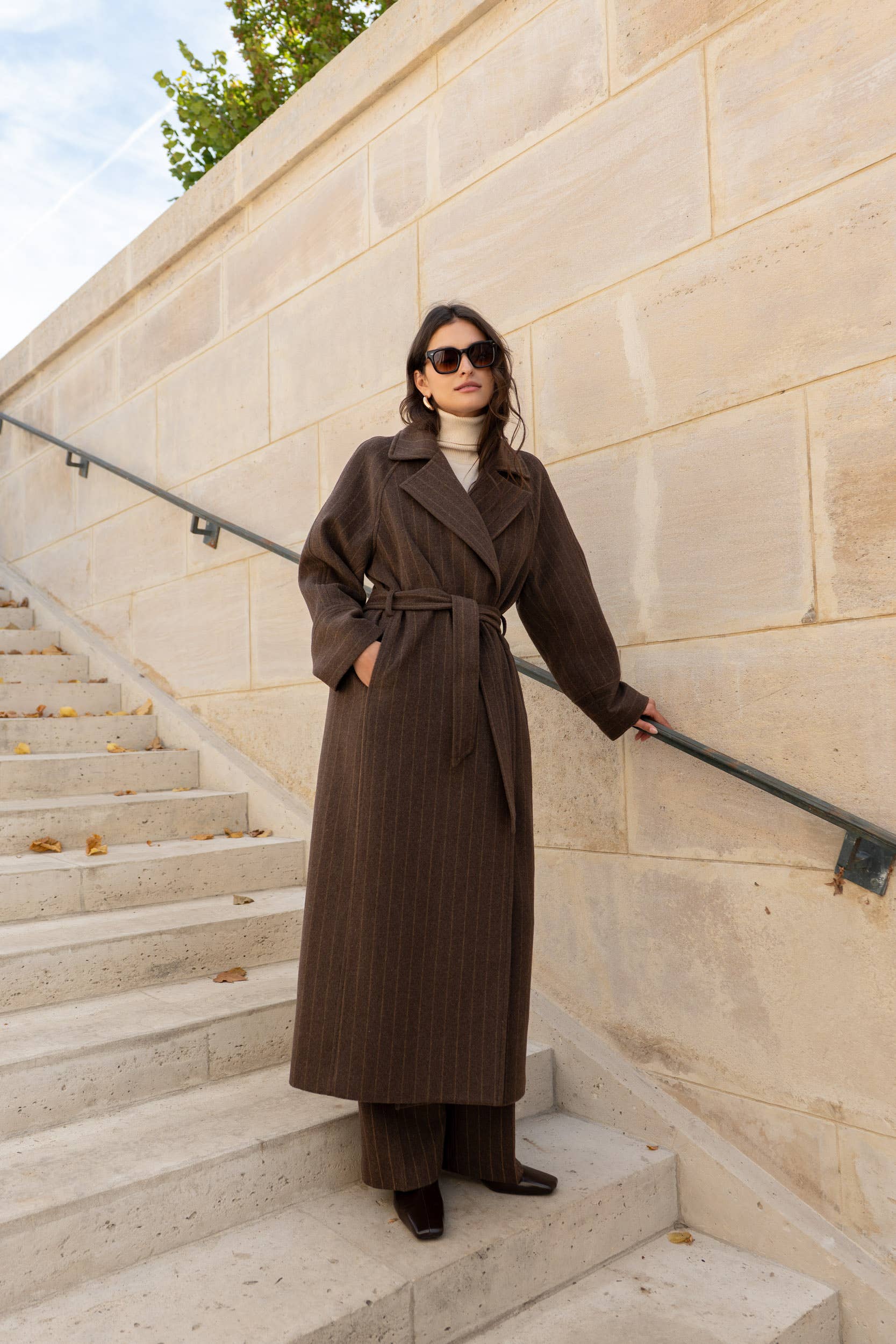 Attentif Paris - Wholesale Coat - Women's - Long coat in fine striped wool blend10