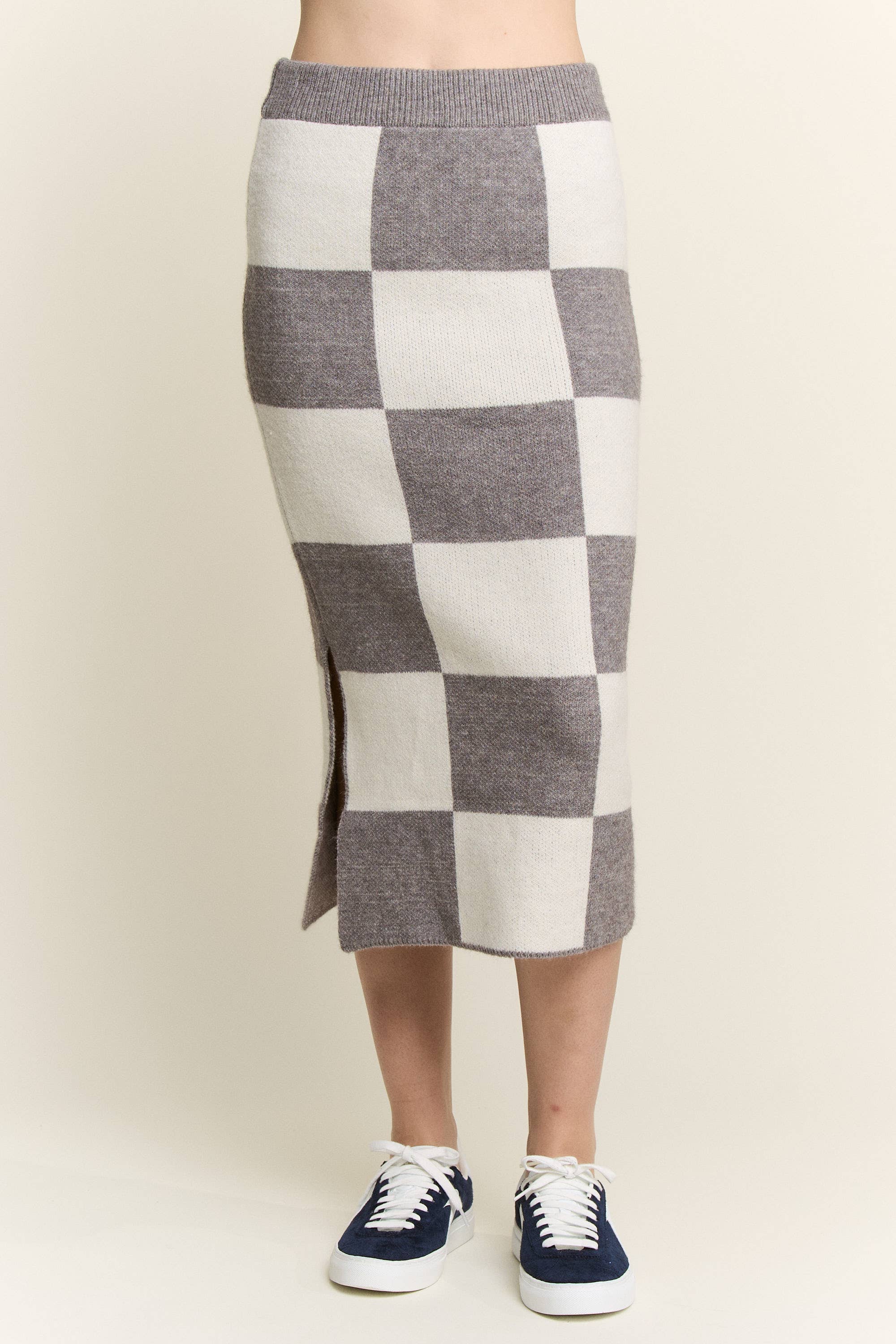 JADE BY JANE - Wholesale Skirt - Women's - BIG CHECKERED PAST KNIT PENCIL MIDI SKIRT W/ SIDE SLIT13