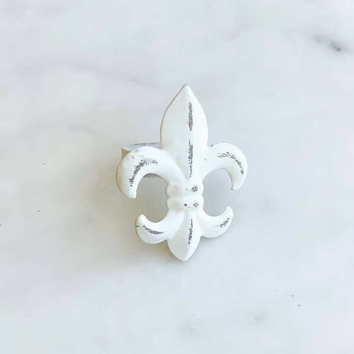 Fleur de Lis Napkin Ring Antique White 2.25x1.5x2.75 for wholesale by The Royal Standard