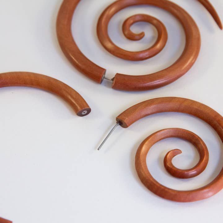 Ajmer by Jodi - Wholesale Dangle Earrings - Large Spiral Light Wood & Dark Wood Faux Gauges~ steel wires3