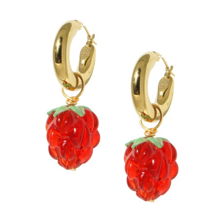 Very Berry Chunky Golden Hoop Earrings With Lampwork Glass Berries for wholesale by I'MMANY London