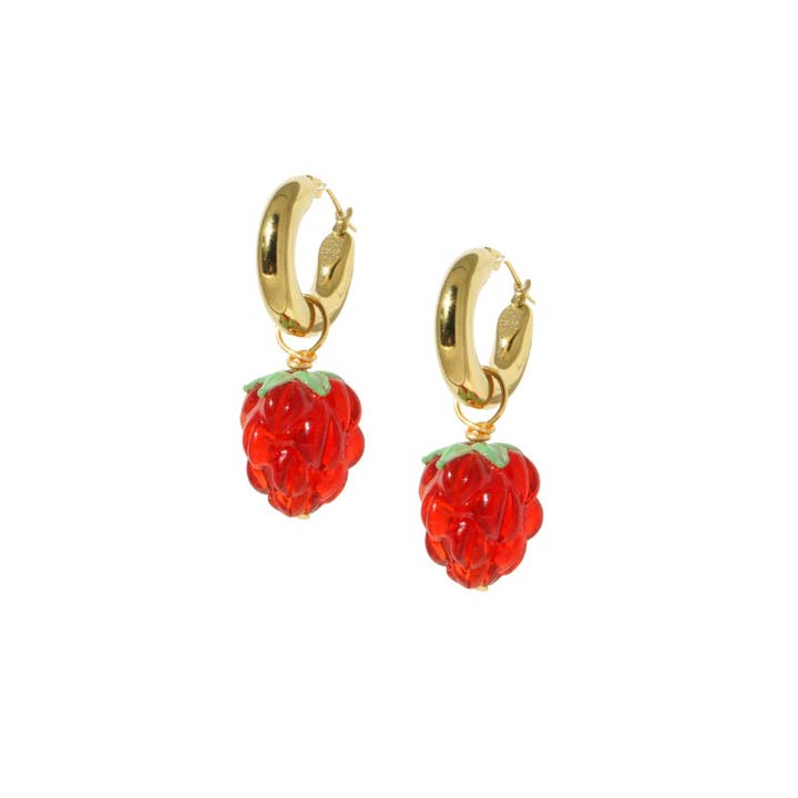 Very Berry Chunky Golden Hoop Earrings With Lampwork Glass Berries for wholesale by I'MMANY London
