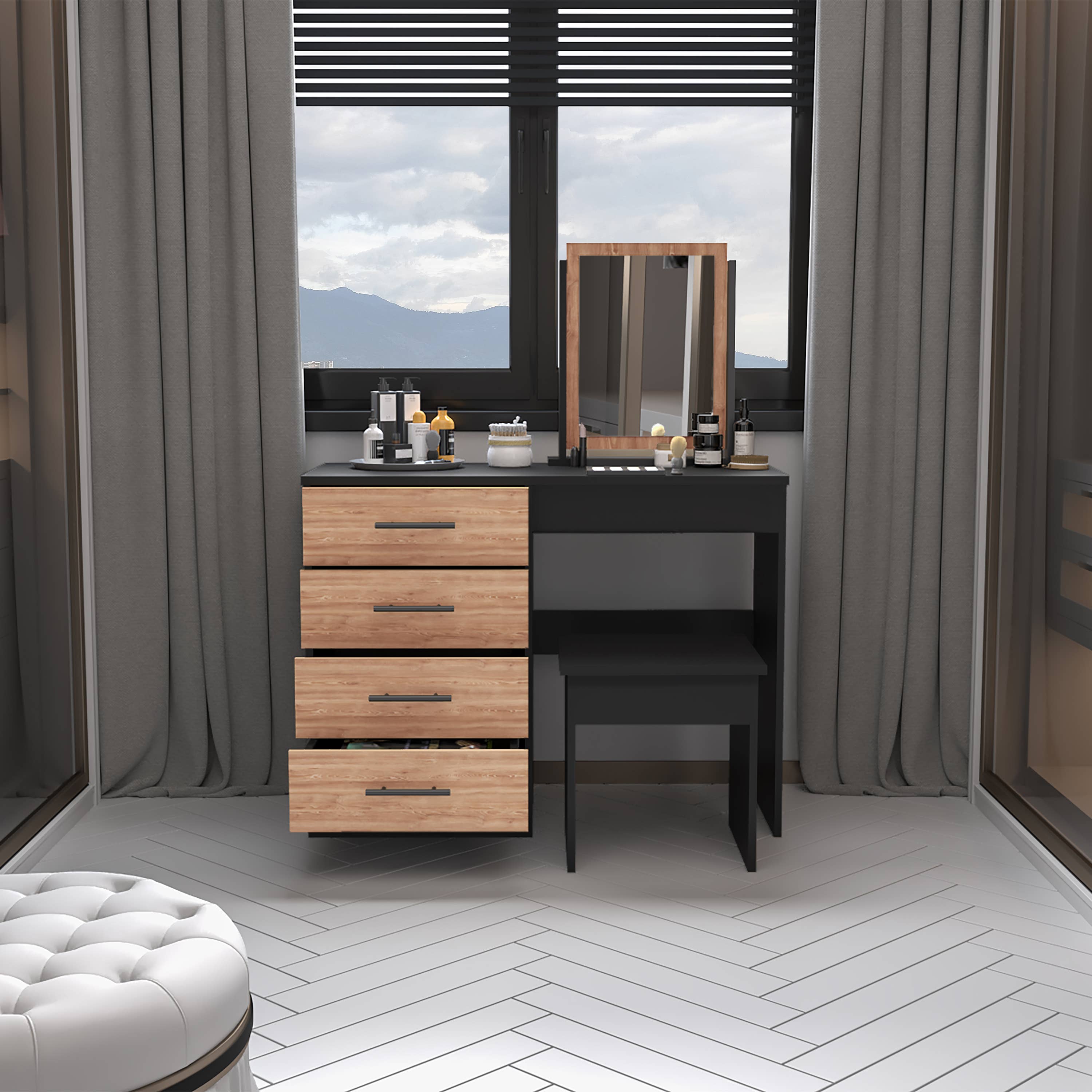 TuHome Concept – Mobília de quarto por atacado – Mesa de maquiagem Seul com espelho, 4 gavetas e banqueta2