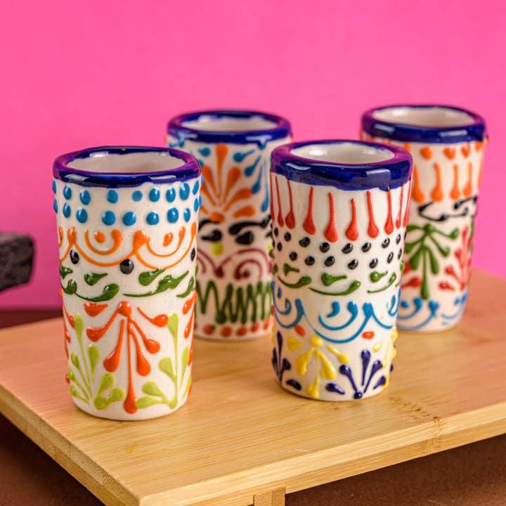 MEXTEQUIL - Wholesale Shot Glass - MEXTEQUIL Talavera Shot Glasses - Set of 4 - 2 Oz-Colors Lace