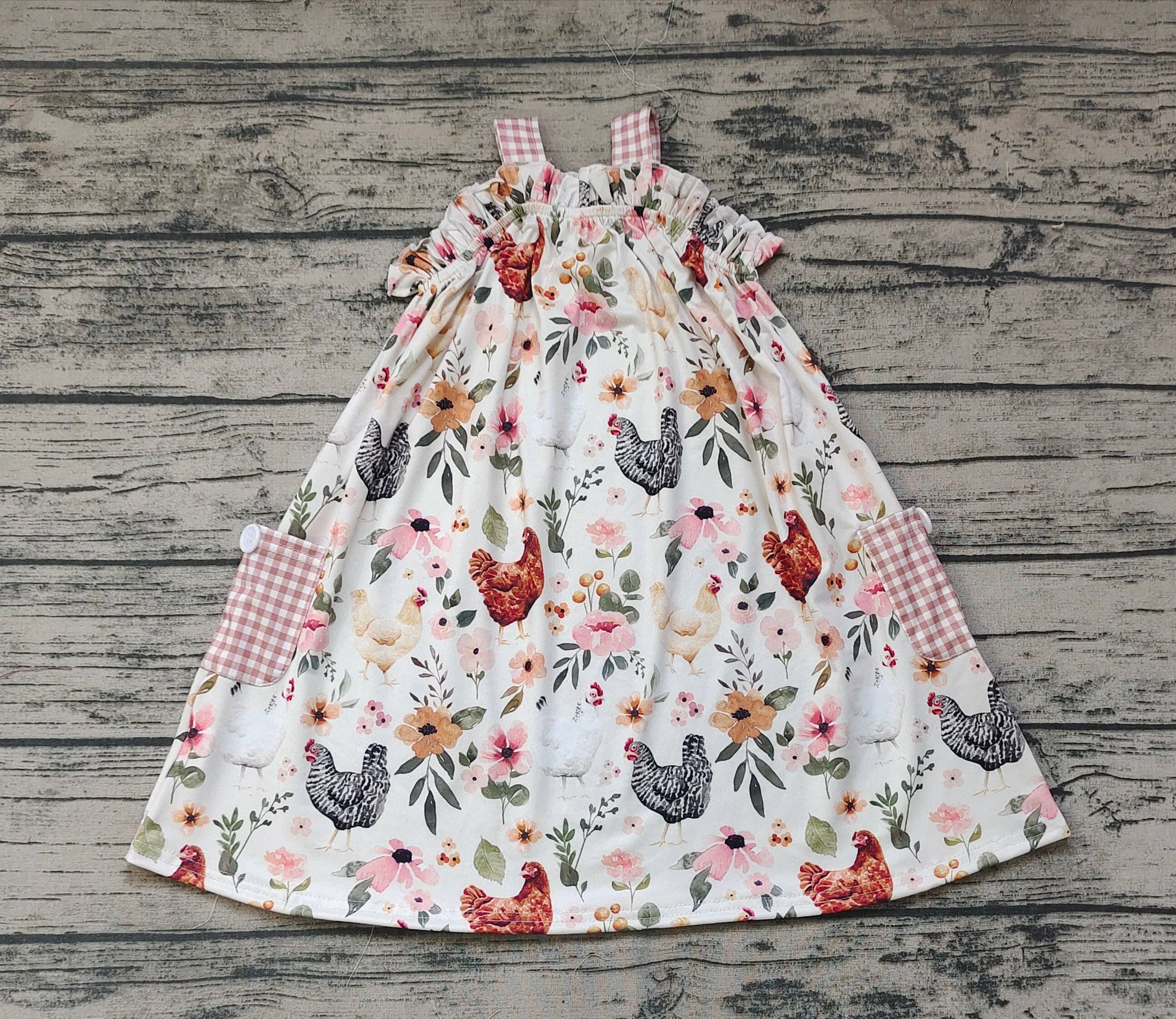 Aier Wholesale - Wholesale Dress - Kids - Baby Girls Chicken Flowers Pockets Stripes Knee Length Dress1