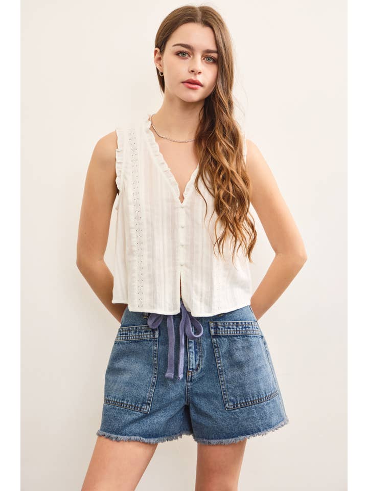 White RUFFLED V NECK BUTTON CLOSURE TOP for wholesale on Faire
