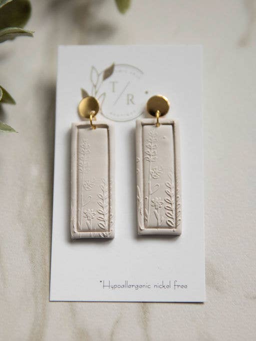 Ella| Cream floral clay rectangular dangle for wholesale by Twig & Rue boutique
