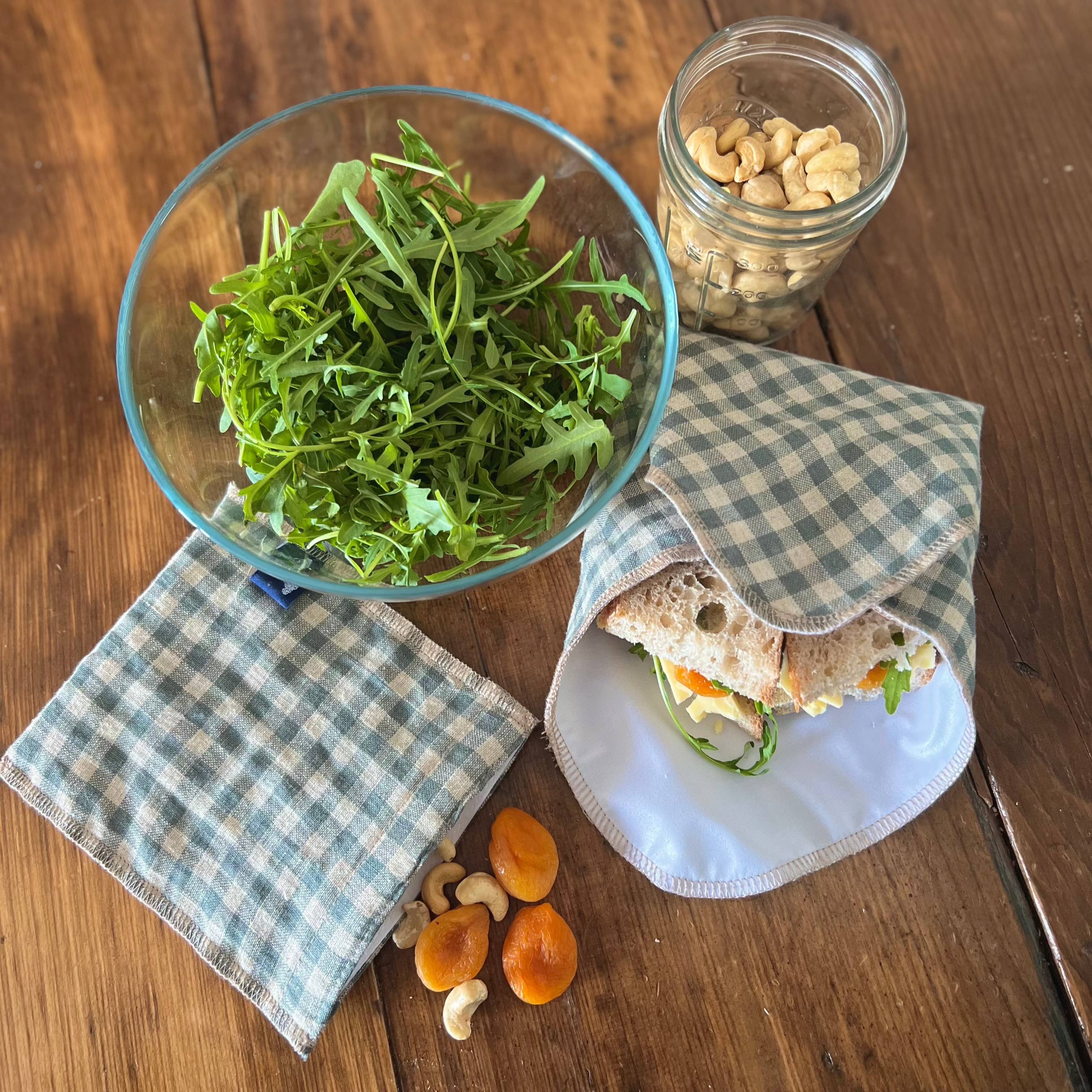 Helen Round - hand printed linen and bamboo wellness - Wholesale Food Storage Wrap/Bag - Green Check Linen Sandwich Wrap, Waterproof Food Wrap4