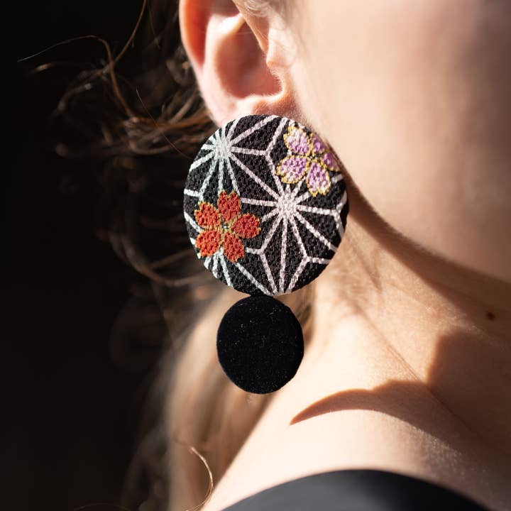 KOTO - Wholesale Dangle Earrings - Kimono Fabric Earrings—ASANOHA PATTERN—BLACK-Large1