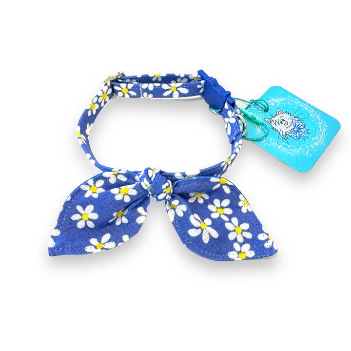 Bunny Ears Bow Cat Collar - Floral on Blue for wholesale by Whiskers Crafts
