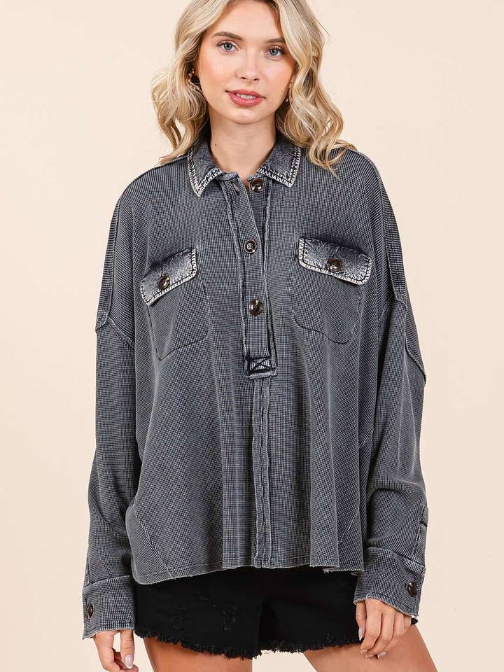 MINERAL WASH WAFFLE KNIT COLLARED HENLEY TOP for wholesale by mittoshop