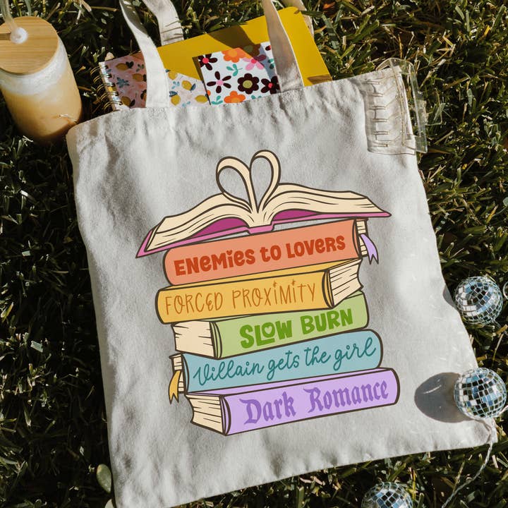 Canvas bookish tote bag - Romance Book Trope Heart Stack for wholesale by Literari Goods, Co | Book Themed Candles + Gifts