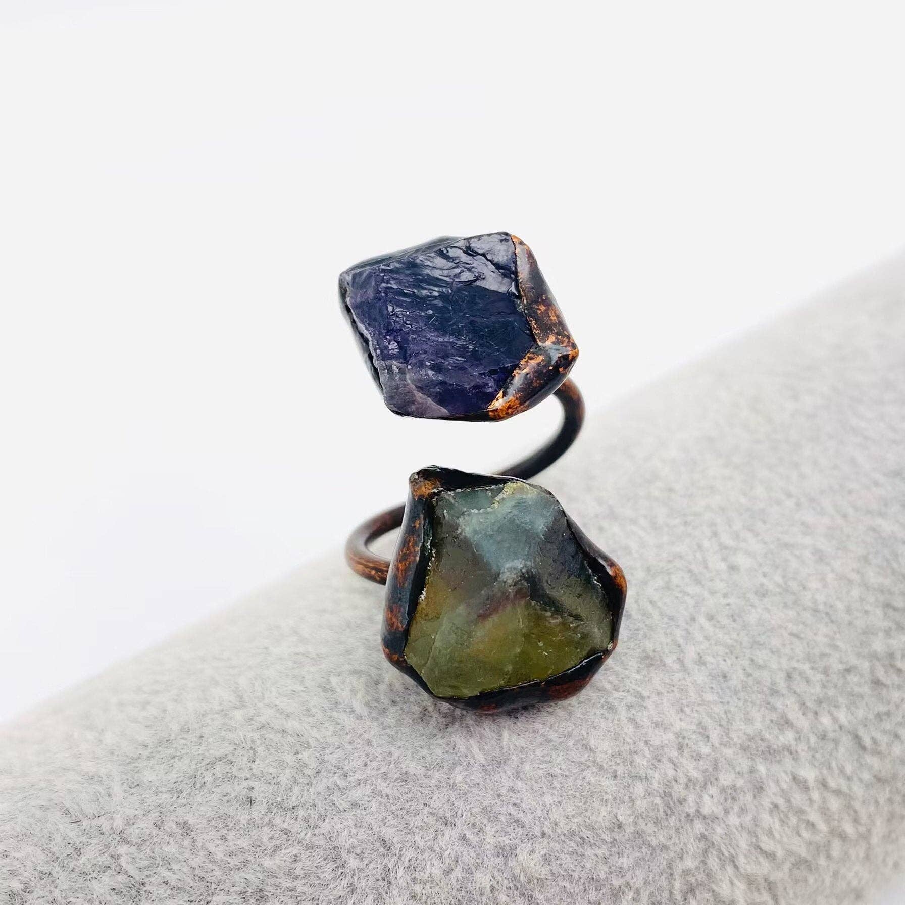 Mio Queena - Wholesale Cocktail/Statement Ring - Natural Stone Irregular Fluorite Crystal Adjustable Ring -CS6