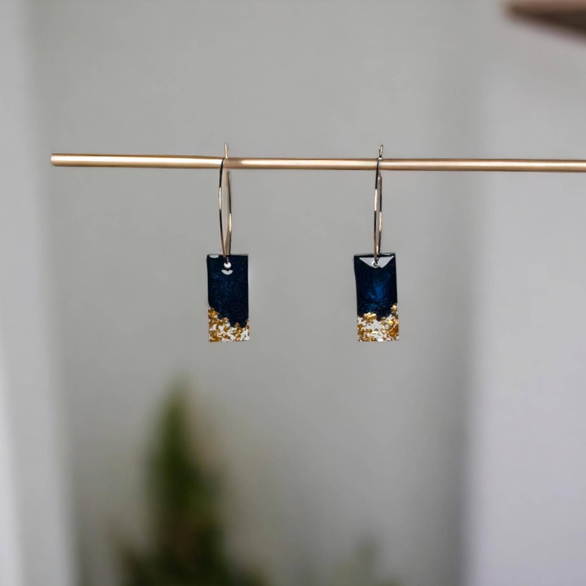 Fish Towne Designs, LLC - Wholesale Dangle Earrings - Navy Blue and Gold Leaf Resin Bar Earrings Handmade3
