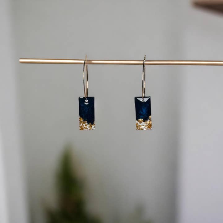 Fish Towne Designs, LLC - Wholesale Dangle Earrings - Navy Blue and Gold Leaf Resin Bar Earrings Handmade3