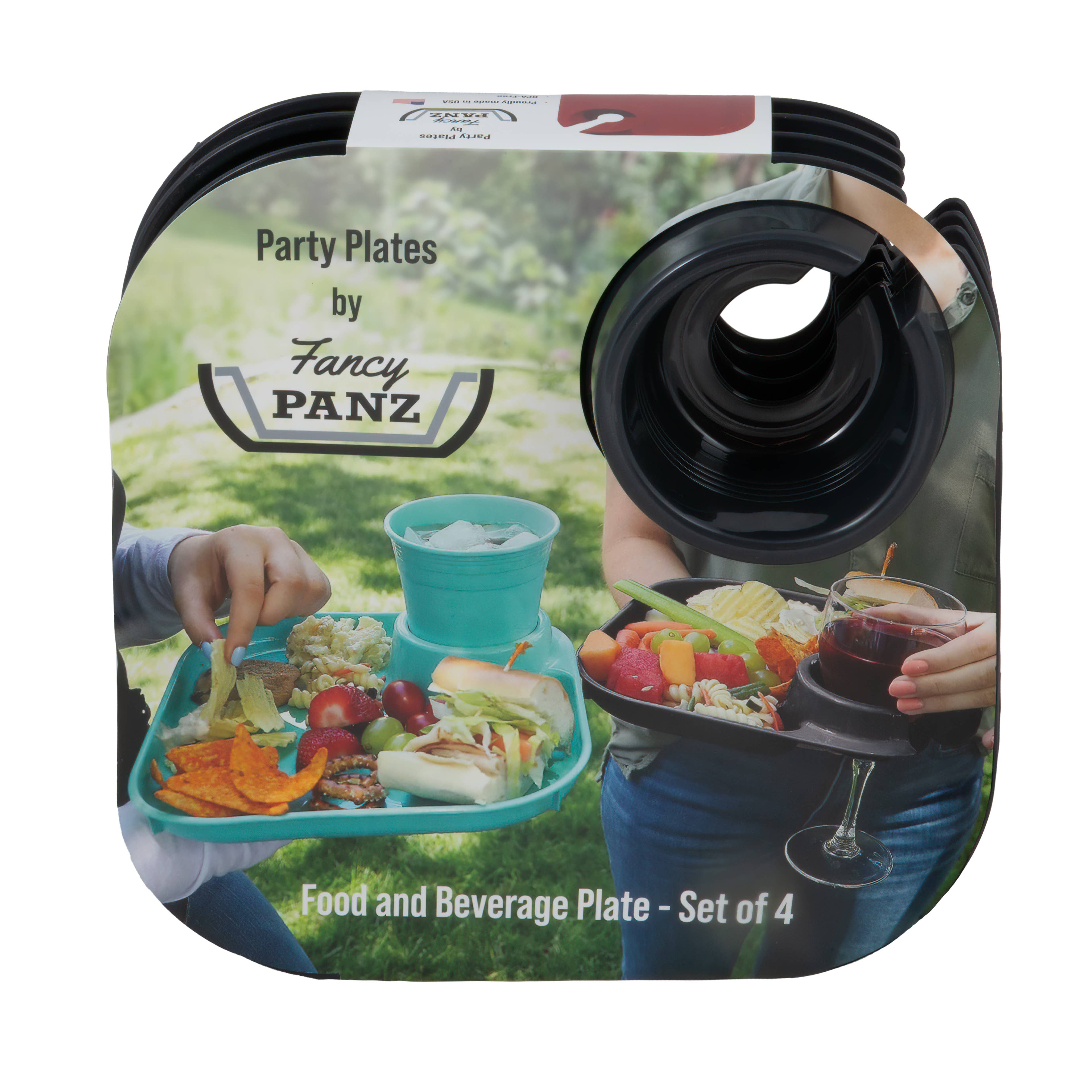 Fancy Panz - Wholesale Disposable Plate - Reusable Party Plates w/ Cup Holder - Set of 4 - Charcoal2