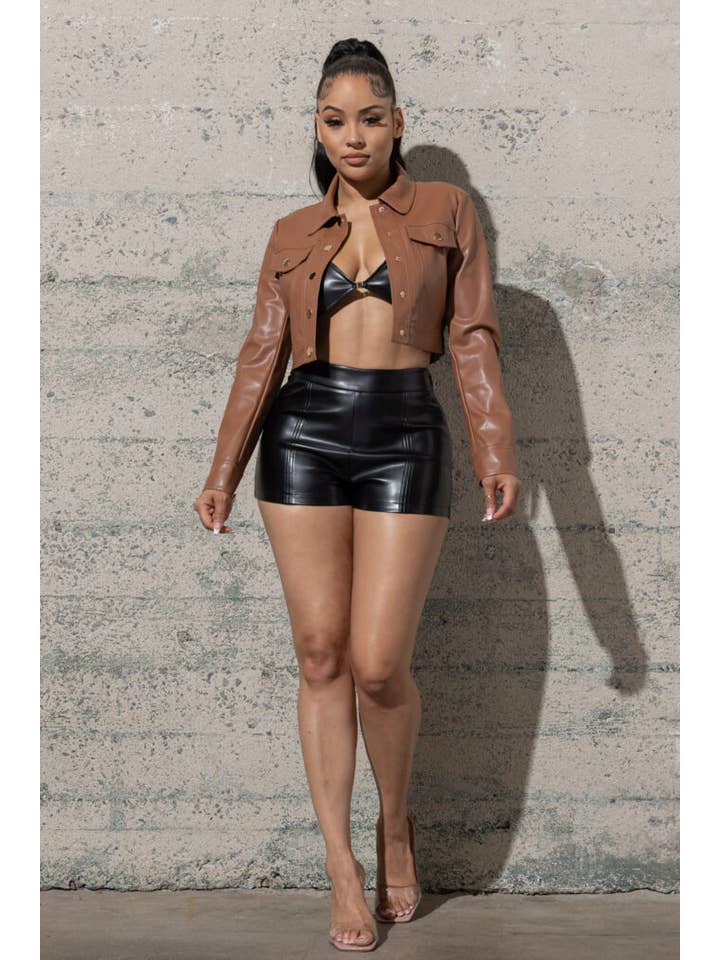 Melrose with Love - Wholesale Leather Jacket - Women's - STRETCHY BUTTON UP POLYURETHANE CROP JACKET10