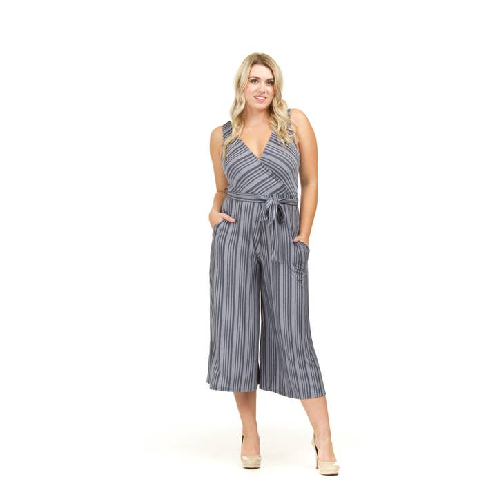 PP03850 SBLU Stripe Wide Leg Wrap Jumpsuit with Tie for wholesale by Papillon