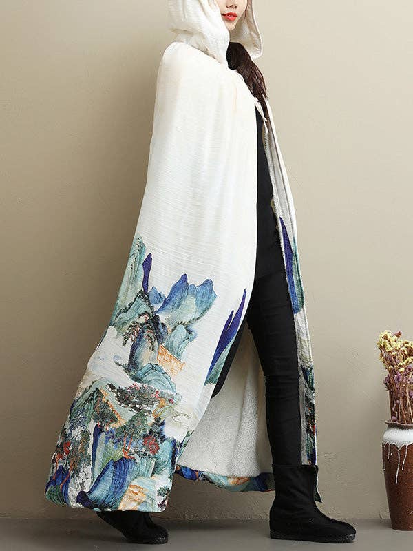 White Thickened Vintage Printed Cape Coat for wholesale on Faire4