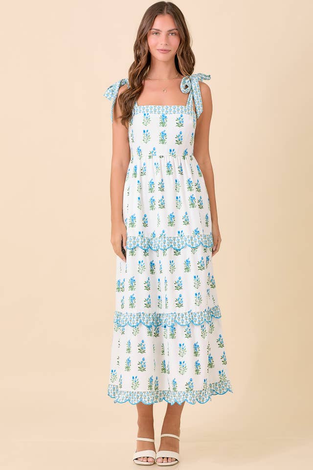 WHITE BLUE Shoulder Strap Tie Summer Midi Dress With Floral for wholesale on Faire
