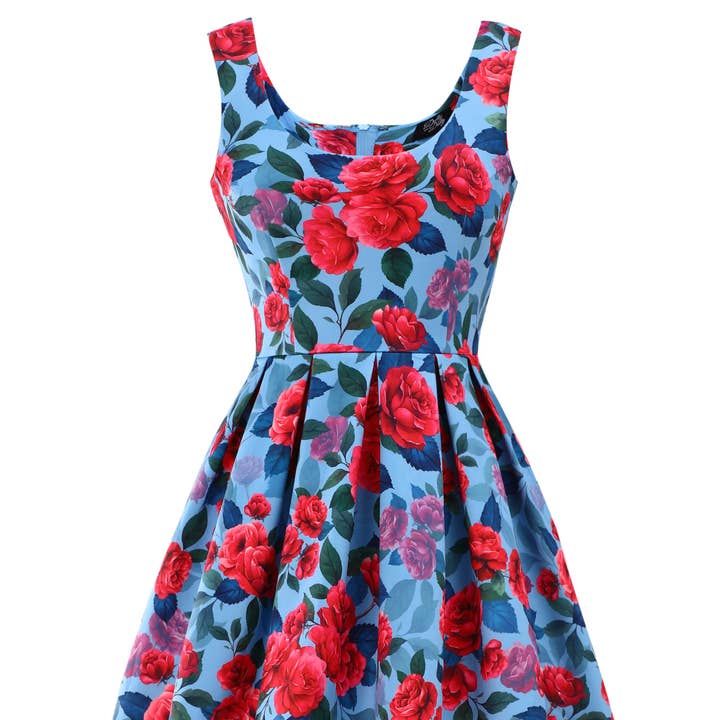 Amanda Pink Pfingstrose Ausgestelltes Kleid in Blau für den Großhandel von Dolly & Dotty