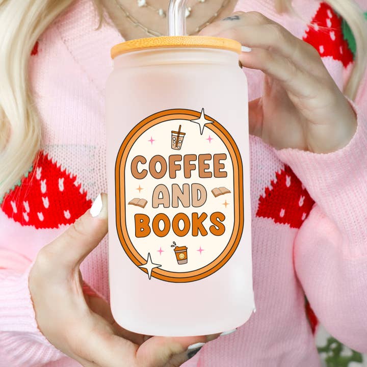 Coffee and Books Glass Can Cup | Bookish Merch | Book Store for wholesale by Sunshine Design Shop