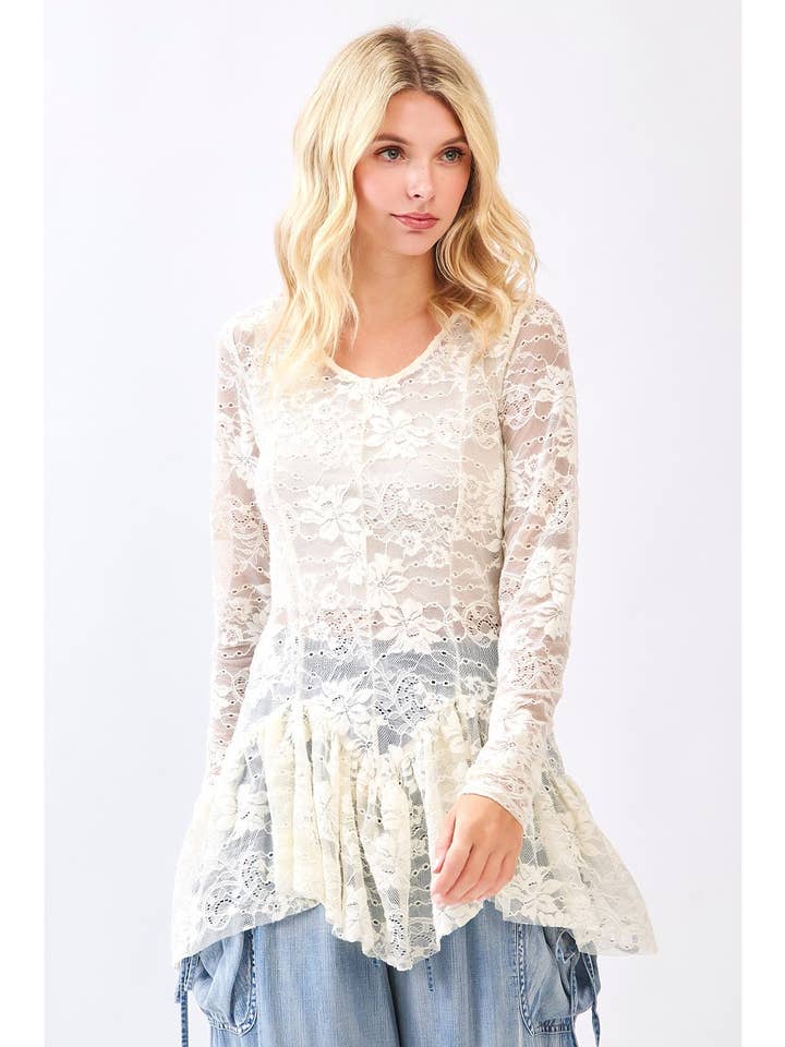 RUFFLE HEM SHEER LACE LONG SLEEVE LAYERING TOP for wholesale by mittoshop
