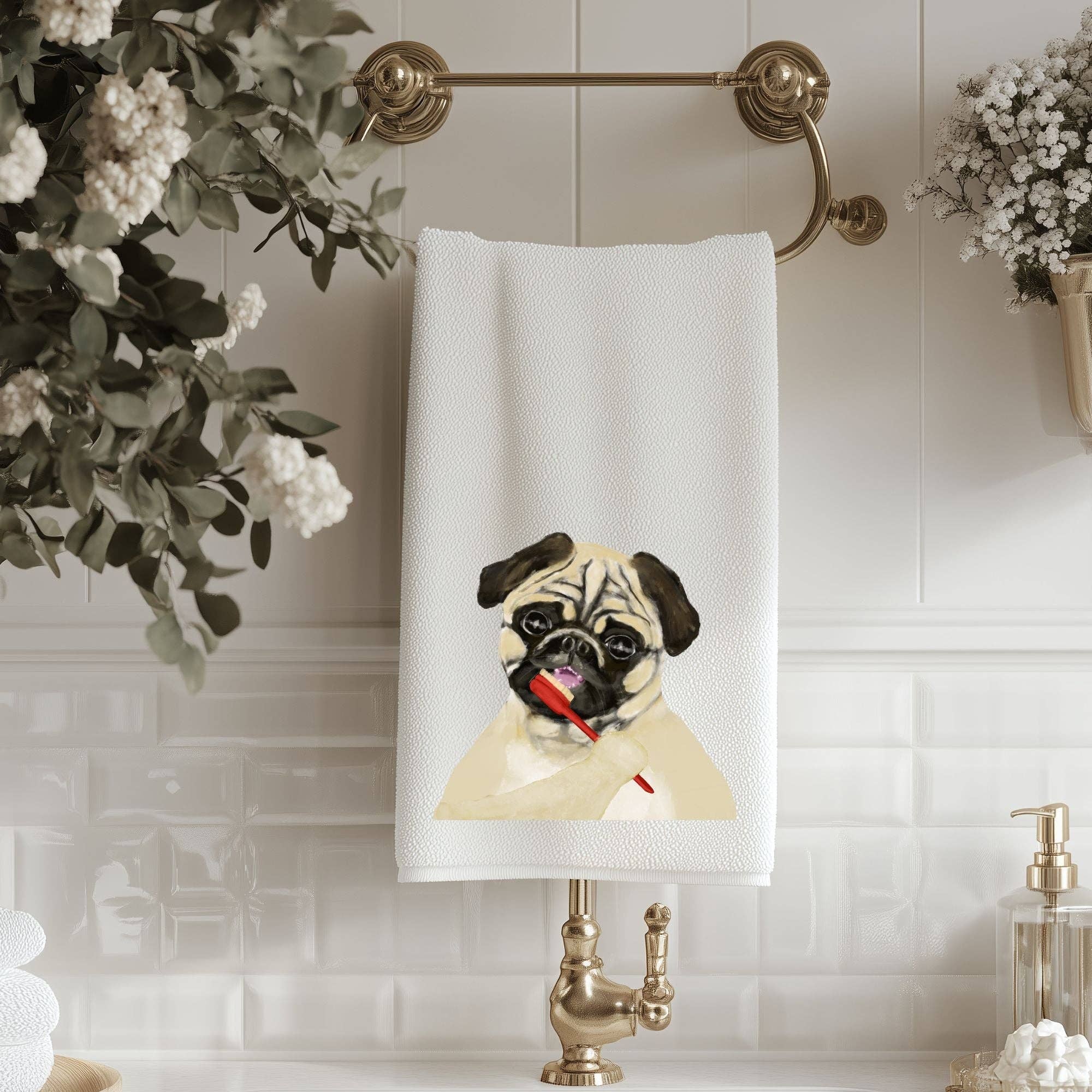 MerikaArt - Venta al por mayor Toallas de baño - Pug cepillándose los dientes toalla de baño