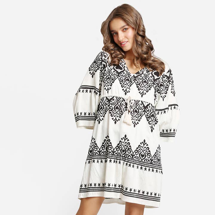 Boho patroonprint mini-jurk met trekkoord voor wholesale door Fashion City