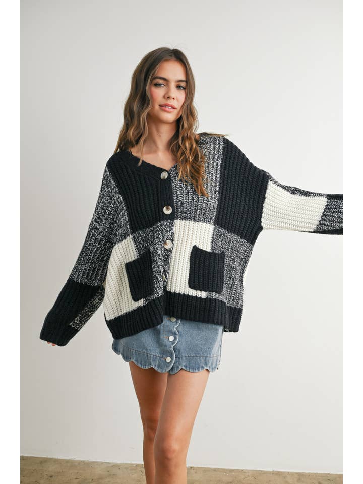 BUTTERMELON - Vente Cardigan – femme - Cardigan surdimensionné à carreaux à épaules tombantes - BMC760728