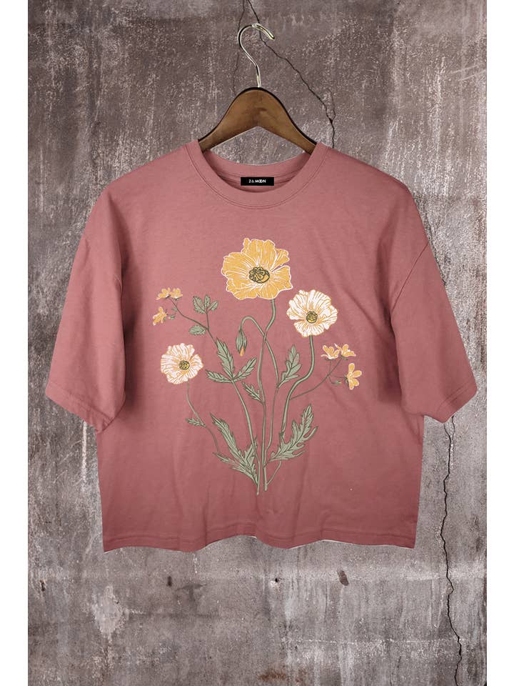 2&moon - Wholesale Screen Printed T-Shirt - Women's - Flower Graphic Crop Tee