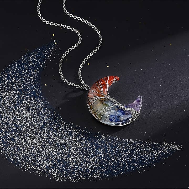 Tree of life 7 chakra Moon Pendant 20" Necklace Crescent for wholesale by Gemscape UK