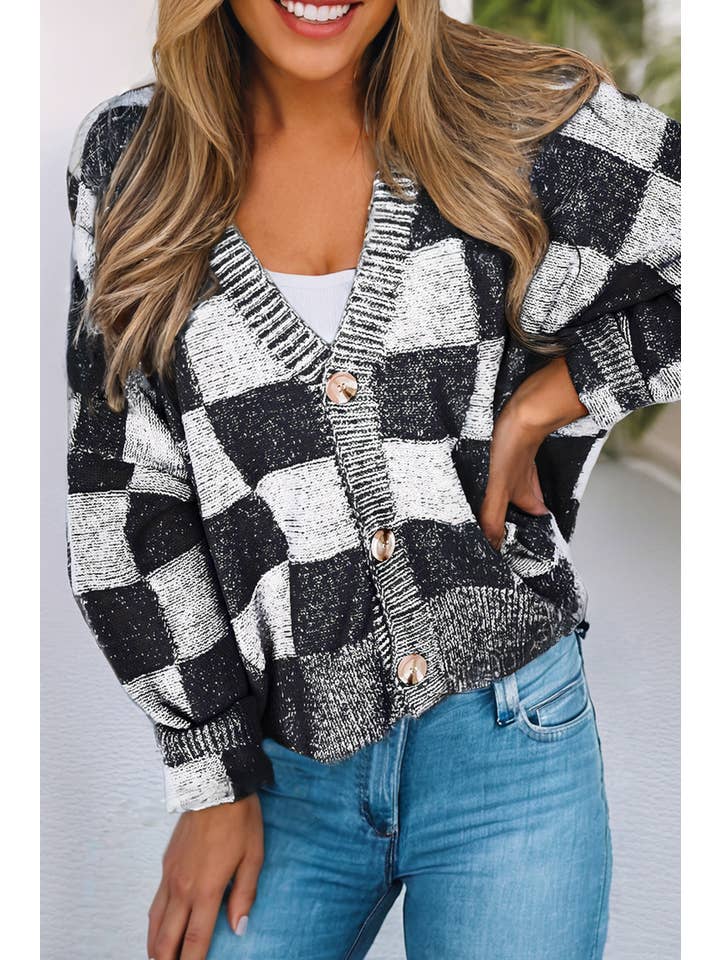 Little Daisy Closet - Wholesale Cardigan - Women's - LDC Checkered Drop Shoulder Buttoned V Neck Cardigan