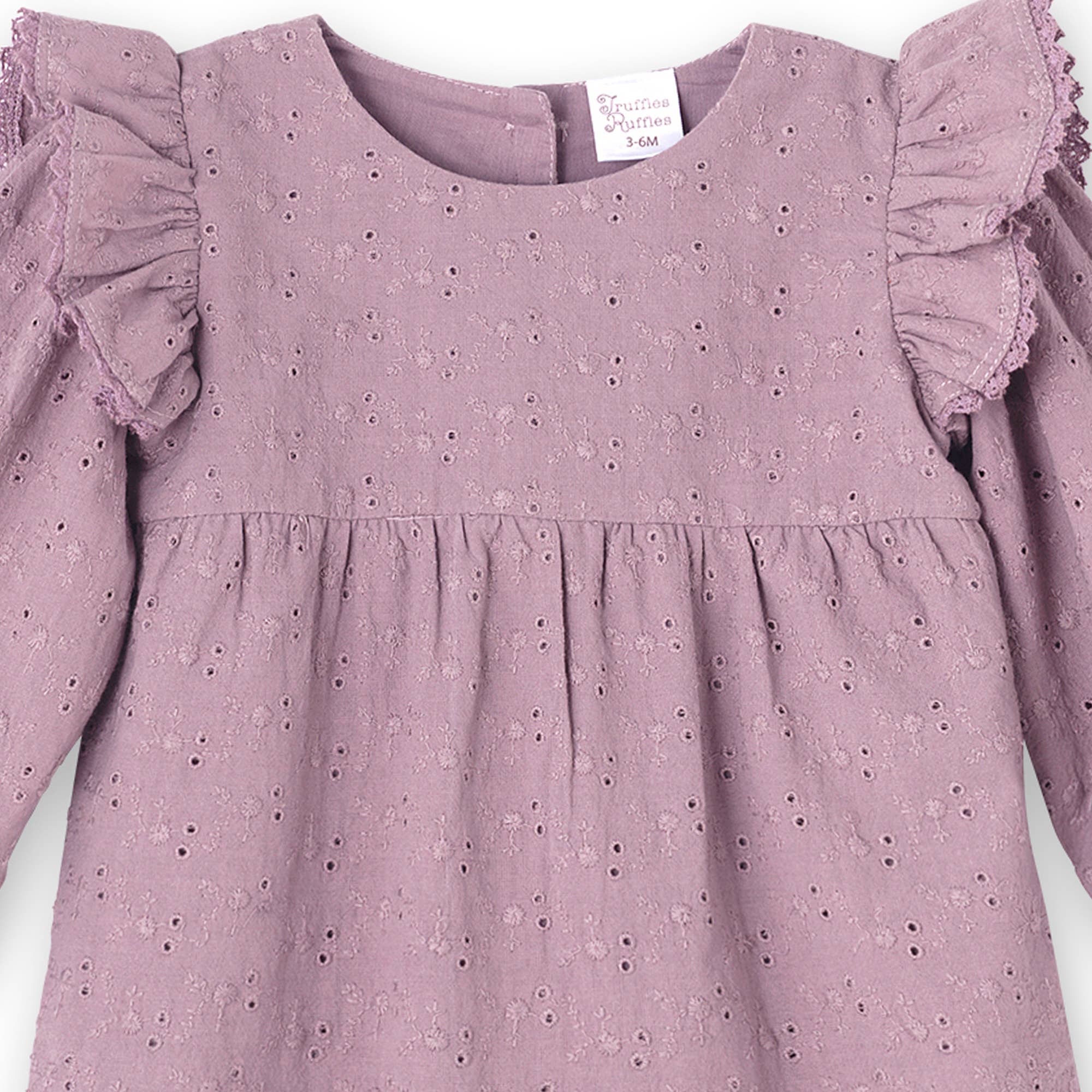 Tesa Babe - Wholesale Jumpsuit - Baby - Mauve Eyelet Girls Romper – Embroidered Cotton Ruffle Sleeve1